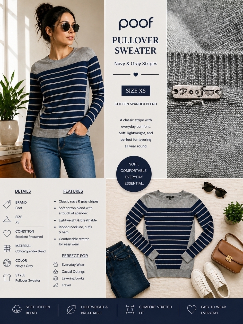 Poof Navy Gray Striped Pullover Sweater XS Cotton Spandex Lightweight Stretch
